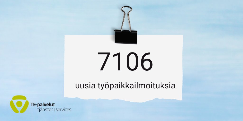 tyomarkkinatori's tweet photo. Edellisen viikon aikana 7106 uutta työpaikkailmoitusta. 

#tepalvelut #työnhaku #rekry #työpaikat 

👉https://t.co/CIQHWLEGIk https://t.co/WCcLpckYny