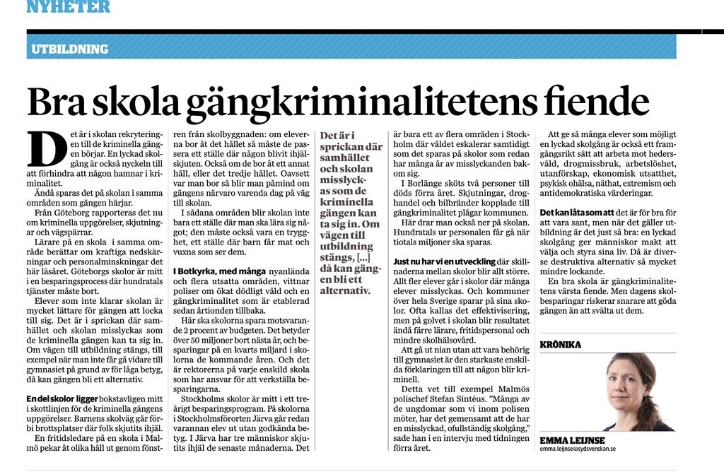 eva_daun's tweet photo. Läs @EmmaLeijnse artikel ur dagens Sydsvenskan. (Ursäkta att jag har klippt ur tidningen men artikeln är så viktig) https://t.co/631s8XSnMd