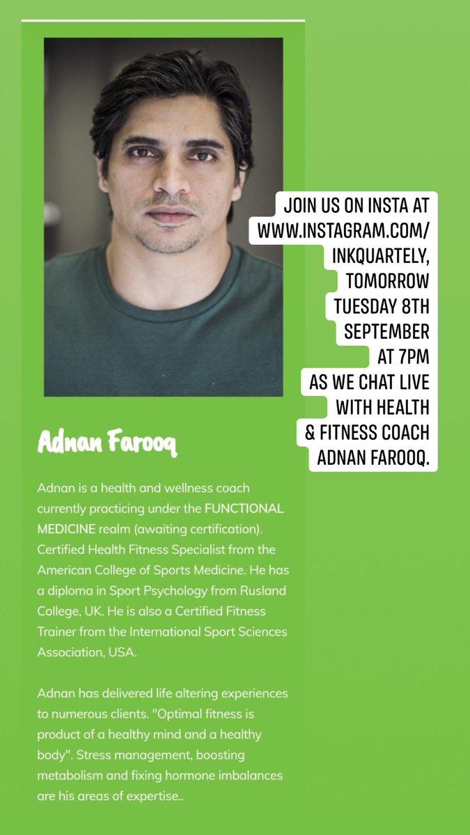 Ink_Quarterly's tweet photo. Join us on https://t.co/Wc2wTINWuO 🧘🏾 for this. Tuesday 8th Sept., 7pm. 

#adnanfarooq #health #healthcoach #fitness #healthandfitness #livechat https://t.co/1f7bykFDHP