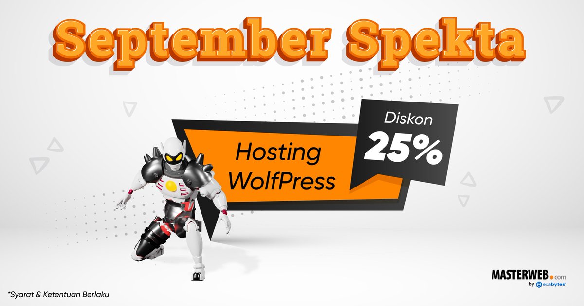 masterwebnet's tweet photo. Promo September Spekta ada lagi! Beli Hosting WolfPress dapet diskon 25% lho! Kapan lagi? Cek sekarang!
https://t.co/J68lIQRGe3
#hosting #hostingservices #wolfpress #promotions https://t.co/ZBRKOzzjjA