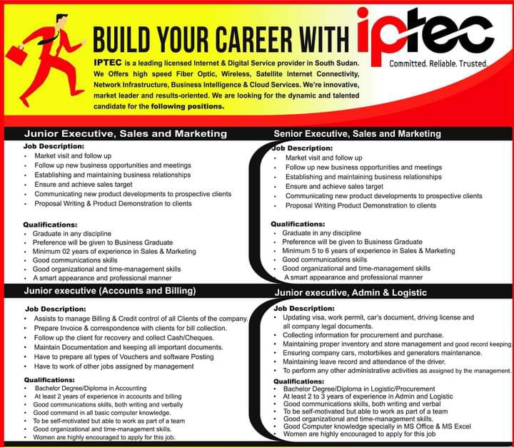 JuliusBintu's tweet photo. Jobs at IPTEC South Sudan (4)

1. Jr. Exec, Sales &amp; Marketing 
2. Sr. Exec, Sales &amp; Marketing 
3. Jr. Exec, Accounts &amp; Billing 
4. Jr. Exec, Admin &amp; Logistics 

🔴 Apply before Sept 18.
👉 career@iptecltd.com 

➡️ Please retweet to spread message.

#SSOT #SSOTJobs #Juba #dotss https://t.co/5QRWX2x8Dw