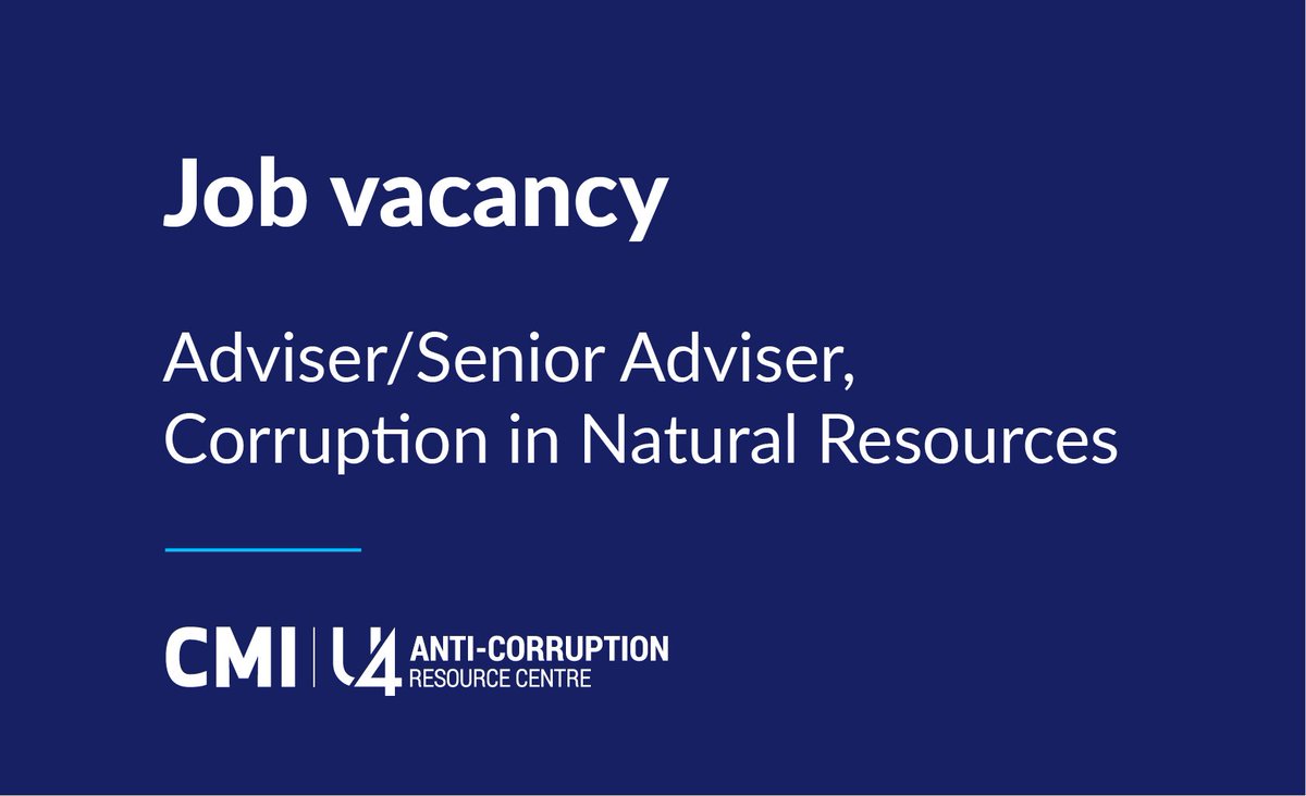 We're hiring 📢 

We are looking for an adviser/senior adviser to join the @cmi_no/U4 team and contribute to the further development of our work on #corruption in natural resources.

Application deadline: 30th September 📅 

Read more &amp; apply here 👇 jobbnorge.no/en/available-j…