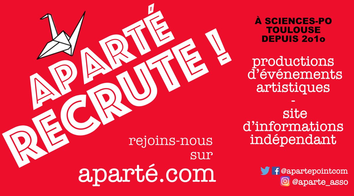 PabloTupin's tweet photo. Aparté Recrute!
@ApartePointCom, ce sont des infos locales et de qualité en toute indépendance. 
Nous cherchons des étudiants souhaitant découvrir ou exercer le métier de journaliste. L’encadrement des rédacteurs est réalisé par des pros. Plus d'infos sur le site de la rédaction. https://t.co/SxaUIemHOV