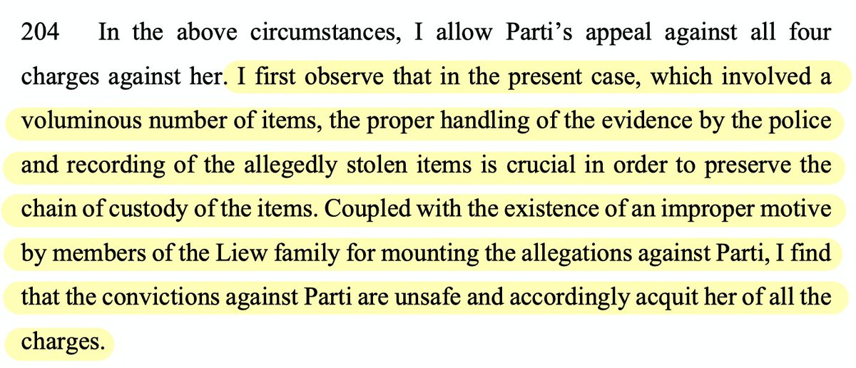 However, on 4 September 2020, High Court judge Chan Seng Onn acquitted Parti, saying her conviction was "unsafe" 'cos of issues w/ handling of evidence by the police, and "existence of an improper motive by members of the Liew family".Full judgment:  https://www.supremecourt.gov.sg/docs/default-source/module-document/judgement/-2020-sghc-187-pdf.pdf