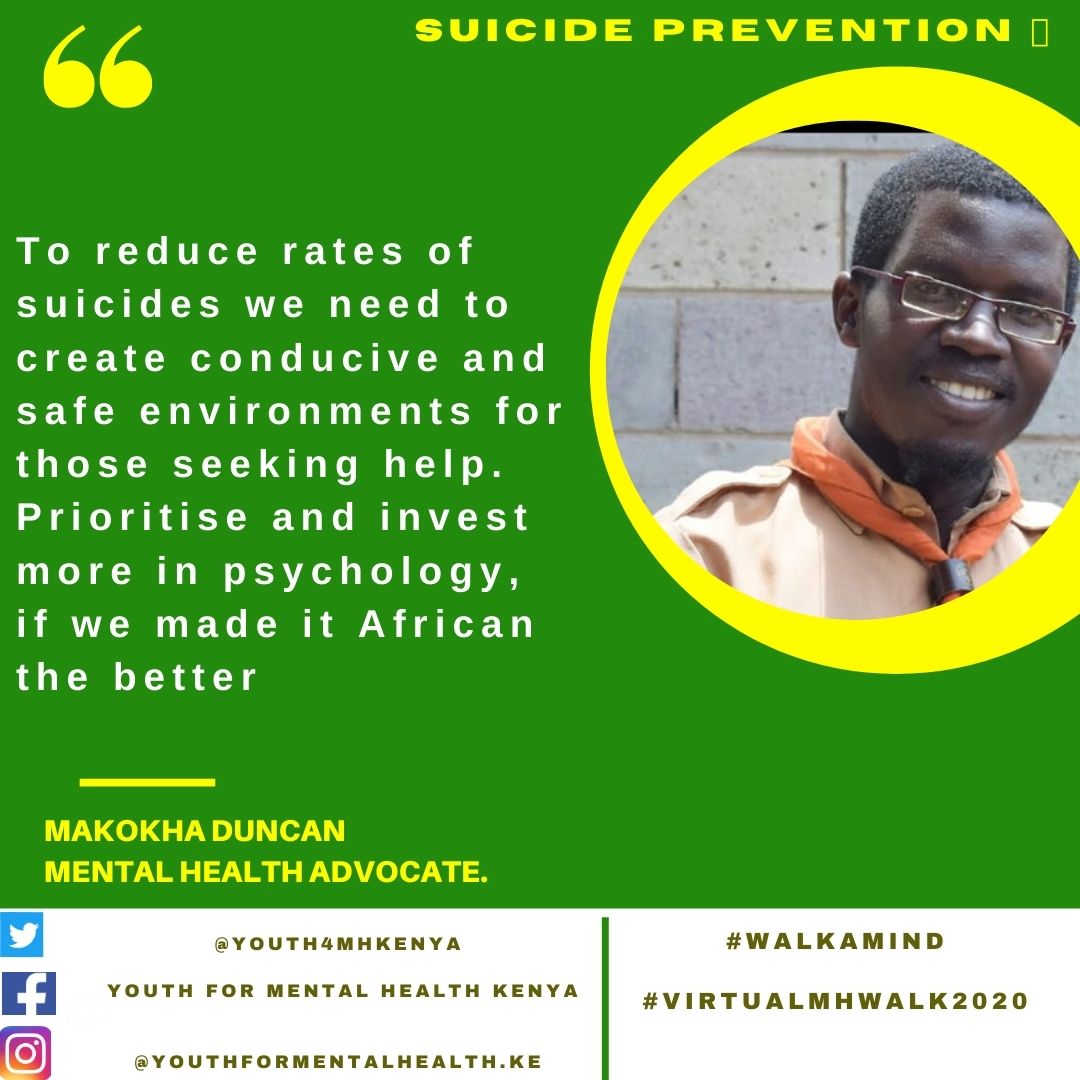 youth4MHKenya's tweet photo. Youth share their voices on what can be done to reduce suicide!
@SML_kenya @Psychologist4Ke @haven_mental @FreddieEmcee @MOH_Kenya @Amref_Kenya @BasicNeedsKenya @medbookafrica @citiesRISE @ImmaculateKara2 @grace_sybille
#VirtualMHwalk2020
#WalkAMind
#SuicidePrevention https://t.co/veeMnGPr6b