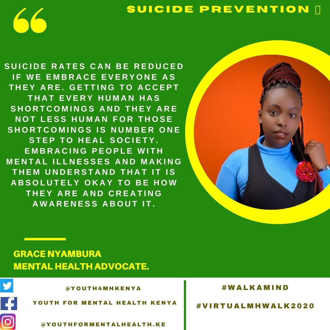 youth4MHKenya's tweet photo. Youth share their voices on what can be done to reduce suicide!
@SML_kenya @Psychologist4Ke @haven_mental @FreddieEmcee @MOH_Kenya @Amref_Kenya @BasicNeedsKenya @medbookafrica @citiesRISE @ImmaculateKara2 @grace_sybille
#VirtualMHwalk2020
#WalkAMind
#SuicidePrevention https://t.co/veeMnGPr6b