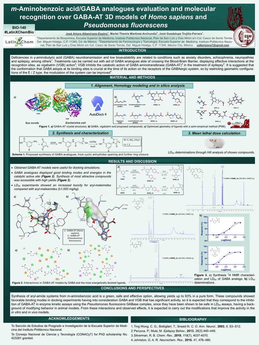 Quark_Bottom's tweet photo. Hi @LatinXChem, this is my work 

“m-aminobenzoic acid/GABA analogues evaluation and molecular recognition over GABA-AT 3D models of Homo sapiens and Pseudomonas fluorescens”

#LatinXChem #LatinXChemBio Bio-140. https://t.co/TuSgDDdqFv