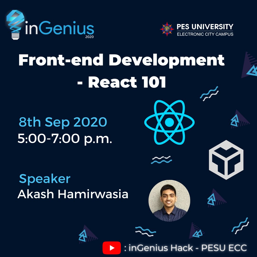 ingeniushack's tweet image. Hey guys! inGenius #getsetprep series brings you its second webinar where we introduce you to React, an open-source Java script library for building user interfaces.

Learn about front-end web development and much more!

Stream webinar live on YouTube:
youtube.com/watch?v=J2I-6O…