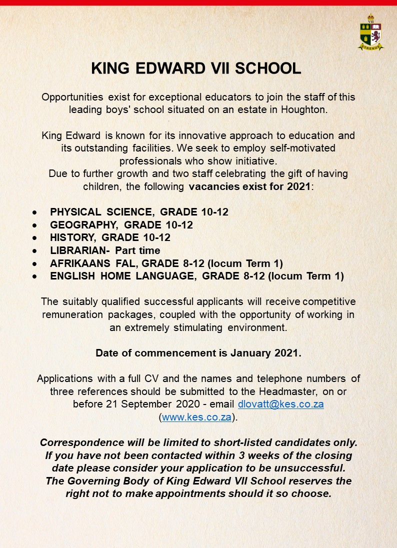 KingEdVIISchool's tweet photo. King Edward VII School is one of the Top Public Schools in the country and is known for its innovative approach to education and its outstanding facilities. 
We seek to employ 6 self-motivated professionals who show initiative from January 2021. #Vacancies 
Full details below: https://t.co/1t1Bp7dC1k