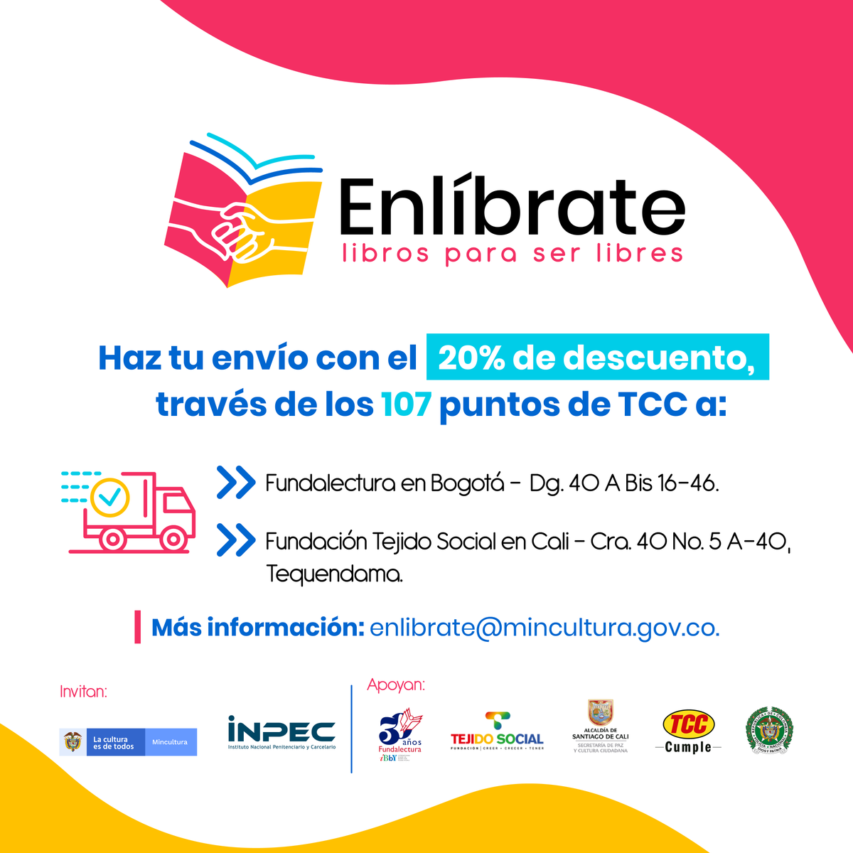 MinCultura Colombia (@mincultura) on Twitter photo <a href="/MinCultura/">MinCultura Colombia</a> y el <a href="/INPEC_Colombia/">INPEC Colombia</a> te invitan a donar tus libros nuevos o usados en buen estado, a las bibliotecas de los centros de reclusión. #Enlíbrate Más información: bit.ly/3gEurI2
<a href="/Fundalecturaco/">Fundalectura</a> <a href="/tejidosocialorg/">Fundación Tejido Social ORG</a> <a href="/TCCcolombia/">GRUPO TCC</a> <a href="/PoliciaColombia/">Policía de Colombia</a> <a href="/AlcaldiaDeCali/">Alcaldía de Cali</a> <a href="/MinCultura/">MinCultura Colombia</a> y el <a href="/INPEC_Colombia/">INPEC Colombia</a> te invitan a donar tus libros nuevos o usados en buen estado, a las bibliotecas de los centros de reclusión. #Enlíbrate Más información: bit.ly/3gEurI2
<a href="/Fundalecturaco/">Fundalectura</a> <a href="/tejidosocialorg/">Fundación Tejido Social ORG</a> <a href="/TCCcolombia/">GRUPO TCC</a> <a href="/PoliciaColombia/">Policía de Colombia</a> <a href="/AlcaldiaDeCali/">Alcaldía de Cali</a>