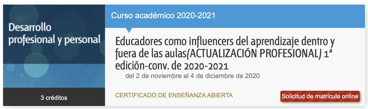 javiergilquinta's tweet photo. Os animamos a matricularos en el curso👆"Educadores como influencers del aprendizaje dentro y fuera de las aulas"⏱️1ª edición-conv. de 2020-2021 🤯 #formacionpermanente @UNED @SMEMIU_UNED @carmencantillo @soacedo @DavidRecio22 
https://t.co/ndg4cu7sNV https://t.co/zoGCWeAEg1