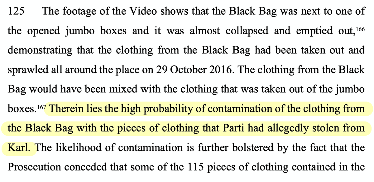 Remember the black bag of clothing Parti didn't want? The judge found that it was possible that clothing form the black bag had been mixed in with items in the three boxes, i.e. she didn't pack them to take with her.  https://twitter.com/kixes/status/1302854454899810305?s=20