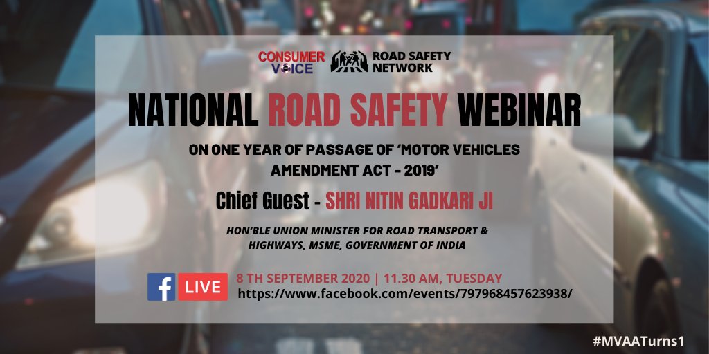 ConsumerVoiceIn's tweet photo. From #RTSB to #MVAA2019 was a journey with a lot of ups and downs and yet we need to keep going till we reach zero fatalities in our country.
Watch Shri @nitin_gadkari Ji speaking live tomorrow joined by other prominent leaders as #MVVATurns1.
Checkin via: https://t.co/jdvBK2bCKz https://t.co/huJUNAeOuI