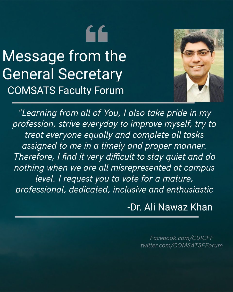 COMSATSFForum's tweet photo. Message from the General Secretary of COMSATS FACULTY FORUM, Dr. Ali Nawaz
πππ
βοΈβοΈ
Vote for Faculty, vote for change,
Vote for Comsats faculty Forum
Because,
Together we can make a difference.
#comsatsfacultyforum #cui_lahore #comsats #cuiFaculty #cui_asa https://t.co/Sc64AC7ipV
