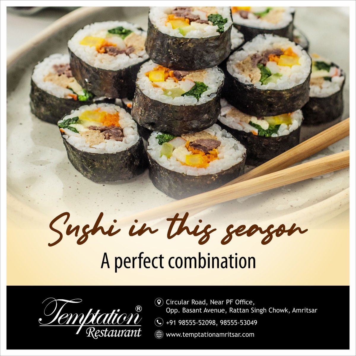 SUSHI 🍣 IN THIS SEASON
“PERFECT COMBINATION”

We are Open for DINE-IN

We are following all the Safety Protocols from end

For Taking Away Call us: +91-9855552098

#GoodFoodGoodMood #Sushi #SushiLovers #DimSum #DimSumsLover #MultiCuisineFood #ChineseLovers #TotalIndianFood