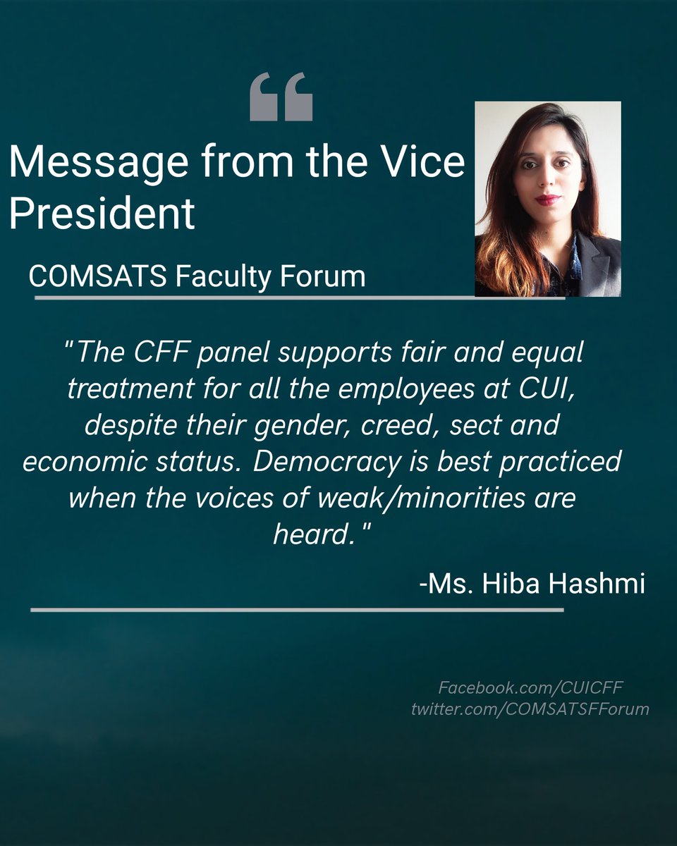 COMSATSFForum's tweet photo. Message from the Vice President of COMSATS FACULTY FORUM, Miss Hiba Hashmi πππ
βοΈβοΈ
Vote for change,
Vote for Comsats faculty Forum
Because,
Together we can make a difference.
#comsatsfacultyforum #cui_lahore #comsats #cuiFaculty #cui_asa https://t.co/bqYLkoObl0
