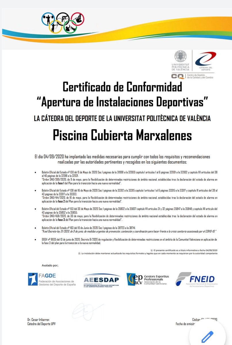 polimarxalenes's tweet photo. 🔴 La Cátedra del Deporte de la Universitat Politècnica de València certifica que

#PiscinaCubiertaMarxalenes ha implementado las medidas necesarias para cumplir con todos los requisitos y recomendaciones realizadas por las autoridades pertinentes y recogidas en ⬇

#AntiCovid19 https://t.co/X8TqNjnLM2