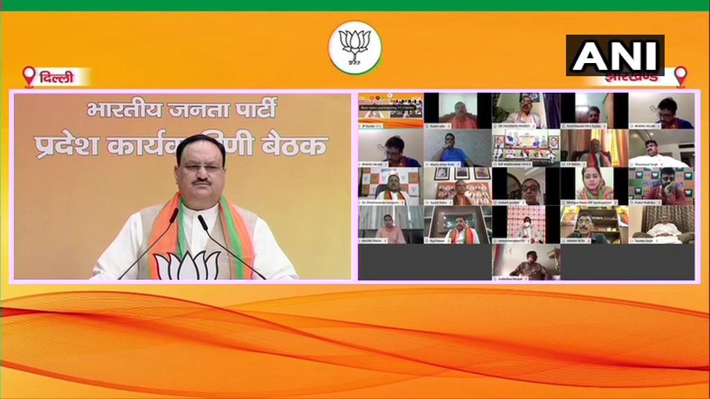 ANI's tweet photo. Prime Minister Narendra Modi has led from the front in the fight against #COVID19. Adopting "Jaan hai to jahan hai", he had put a lockdown in the country in time: BJP President JP Nadda addresses Jharkhand BJP State Executive Meeting via video conference https://t.co/zwjOeLrgbL