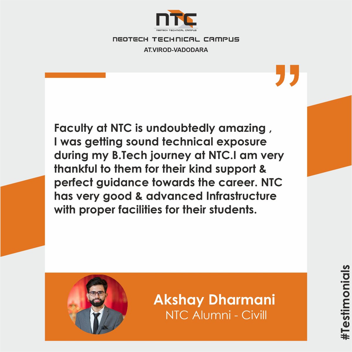 ntc_campus's tweet photo. One more testimonial from our students.
It gives us pleasure when our students appreciate our efforts and hardwork.

Testimonial from
Akshay Dharmani - NTC Alumni - Civil

#Testimonial #Ntcalumni #Ntc #Ntccampus #Neotechcampus #Engineering #Diploma #Degree #BSc #Physio https://t.co/pU0jINB9Ll
