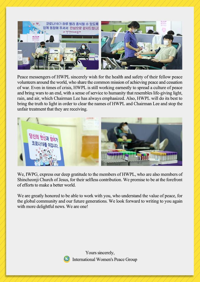 FirazHanna's tweet photo. 🌎Amid the COVID-19 pandemic, International Women's Peace Group (#IWPG) announces the 2nd blood plasma donation by 1100 members of #HWPL (peace partner), encouraged by #ChairmanLee for aiding research &amp; development of a vaccine for COVID-19👏
#IPYG #ManHeeLee #StandUp4HumanRights https://t.co/QaU2Bgq75O