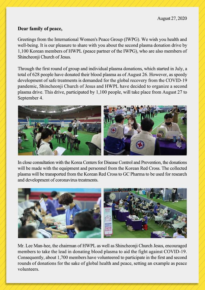 FirazHanna's tweet photo. 🌎Amid the COVID-19 pandemic, International Women's Peace Group (#IWPG) announces the 2nd blood plasma donation by 1100 members of #HWPL (peace partner), encouraged by #ChairmanLee for aiding research &amp; development of a vaccine for COVID-19👏
#IPYG #ManHeeLee #StandUp4HumanRights https://t.co/QaU2Bgq75O