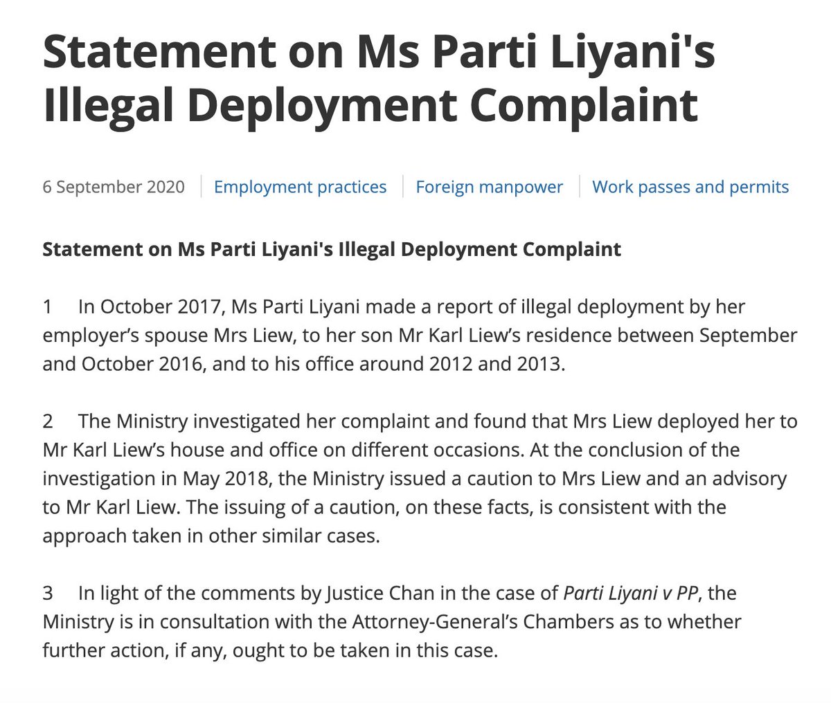 The High Court judgment found that it's a *fact* that the Liew family had illegally deployed Parti Liyani. In a statement released on 6 September,  @MOM_sg said that Parti had filed a complaint in 2017 and they'd looked into it, issuing a caution to Liew and an advisory to Karl.