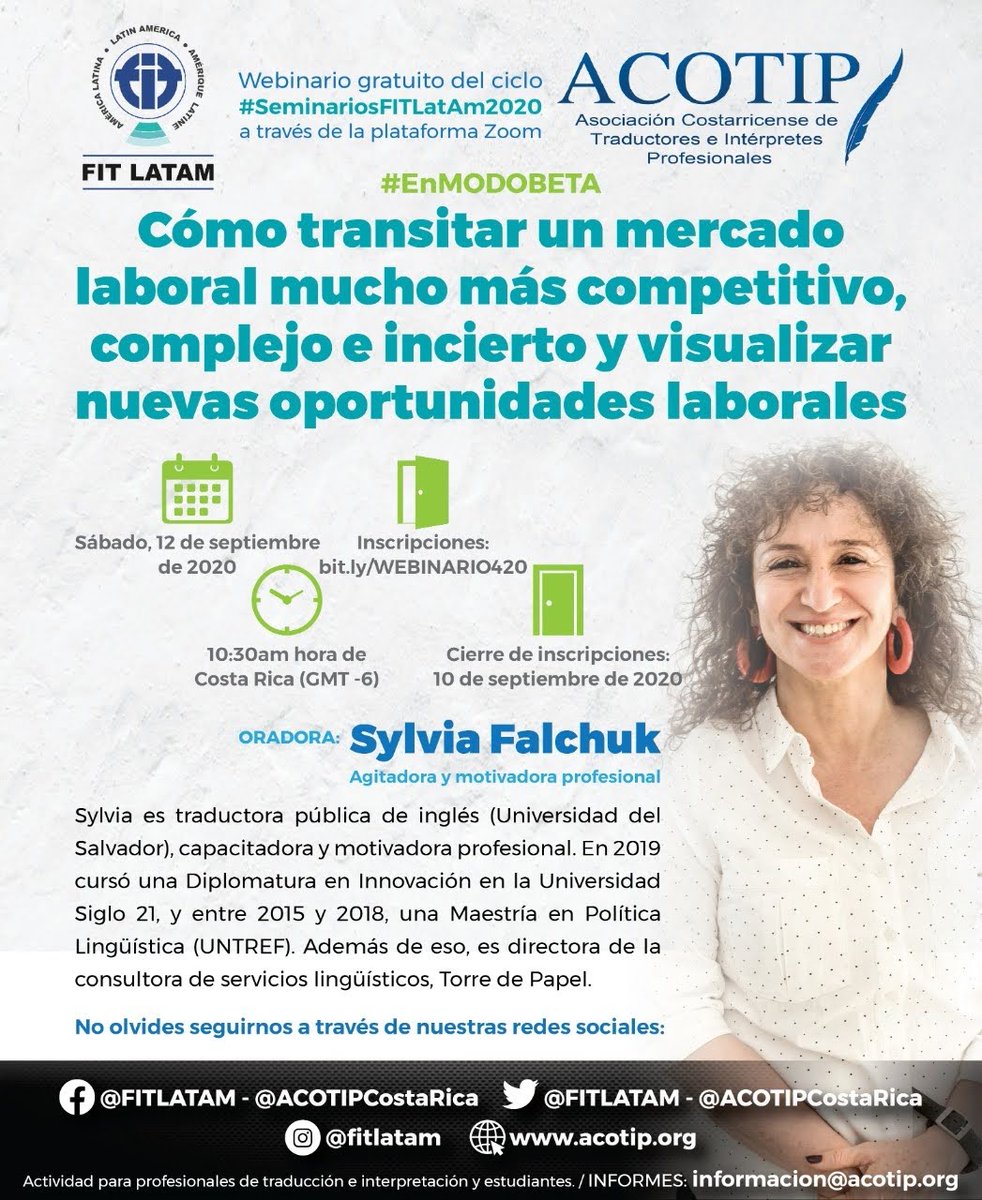 FITLATAM's tweet photo. 📣 #W𝐞𝐛𝐢𝐧𝐚𝐫𝐢𝐨 #gratuito del cilo #SeminariosFITLAM2020. @FITLATAM y @ACOTIPCostaRica presentan un nueva charla con la agitadora y motivadora Sylvia Falchuk.
📝 https://t.co/dgFTOyIdT6
📧 informacion@acotip.org
#xl8 #1nt https://t.co/T33WtzTa0K