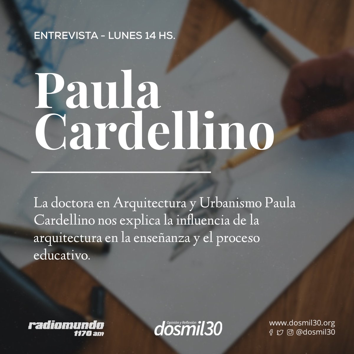 dosmil30's tweet photo. Hoy a las 14h Paula Cardellino y la influencia de la arquitectura en la enseñanza. 

Escuchanos por @enperspectivauy @radiomundo1170 https://t.co/AL7FX0sObS