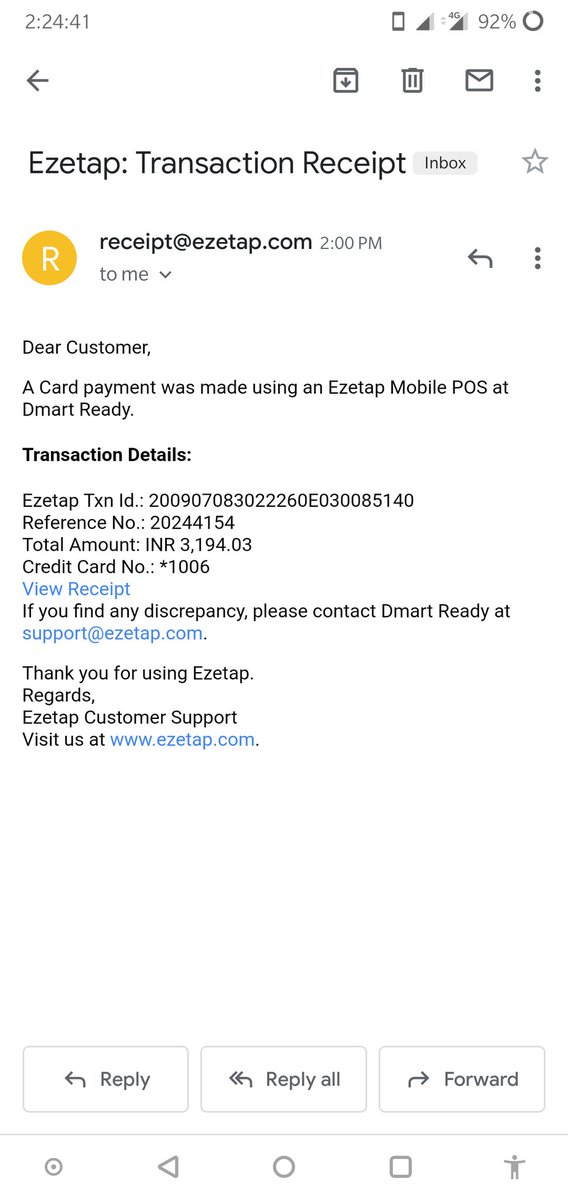  @DMartSupport order#20244154 , full payment done but 1 item was not delivered. 5L safola can was missing in the delivery. Have sent email to customer care but no response and customer number never connects to any representative. What a disgusting service  receipt attached.