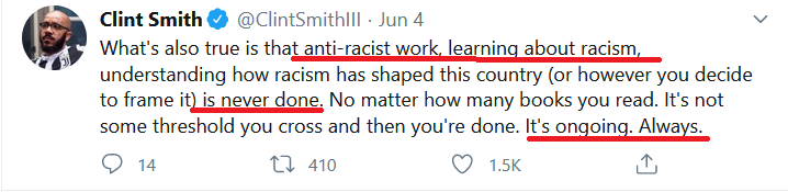 6/The Critical Race Theorists say Racism is permanent. Period.No matter what you do there will always be some racism somewhere. No matter how much you read, or how hard you work, or how educated you become, you're never done. You must do Critical Race Theory work until you die.