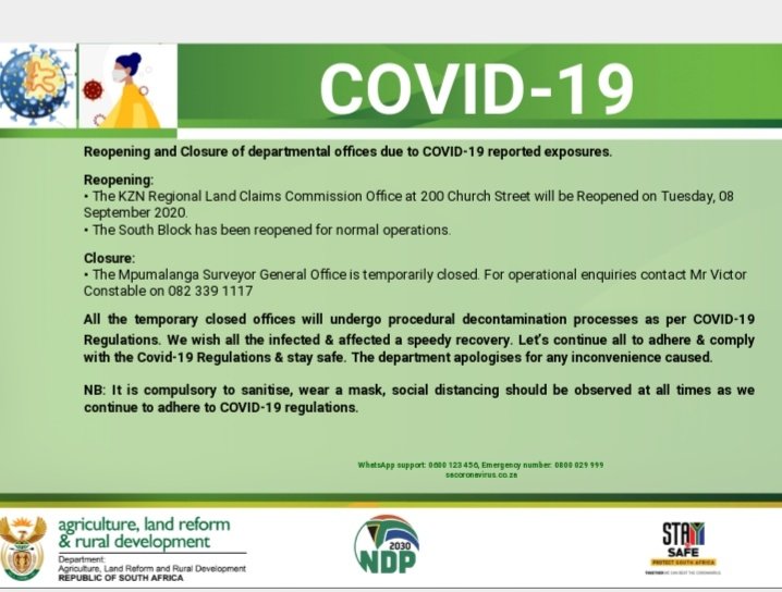 DOAgov_ZA's tweet image. Reopening and temporary closure of departmental offices. @premiumbusiness #level2lockdown #StayHomeSA #Covid_19 #WashYourHands #PlayYourPart