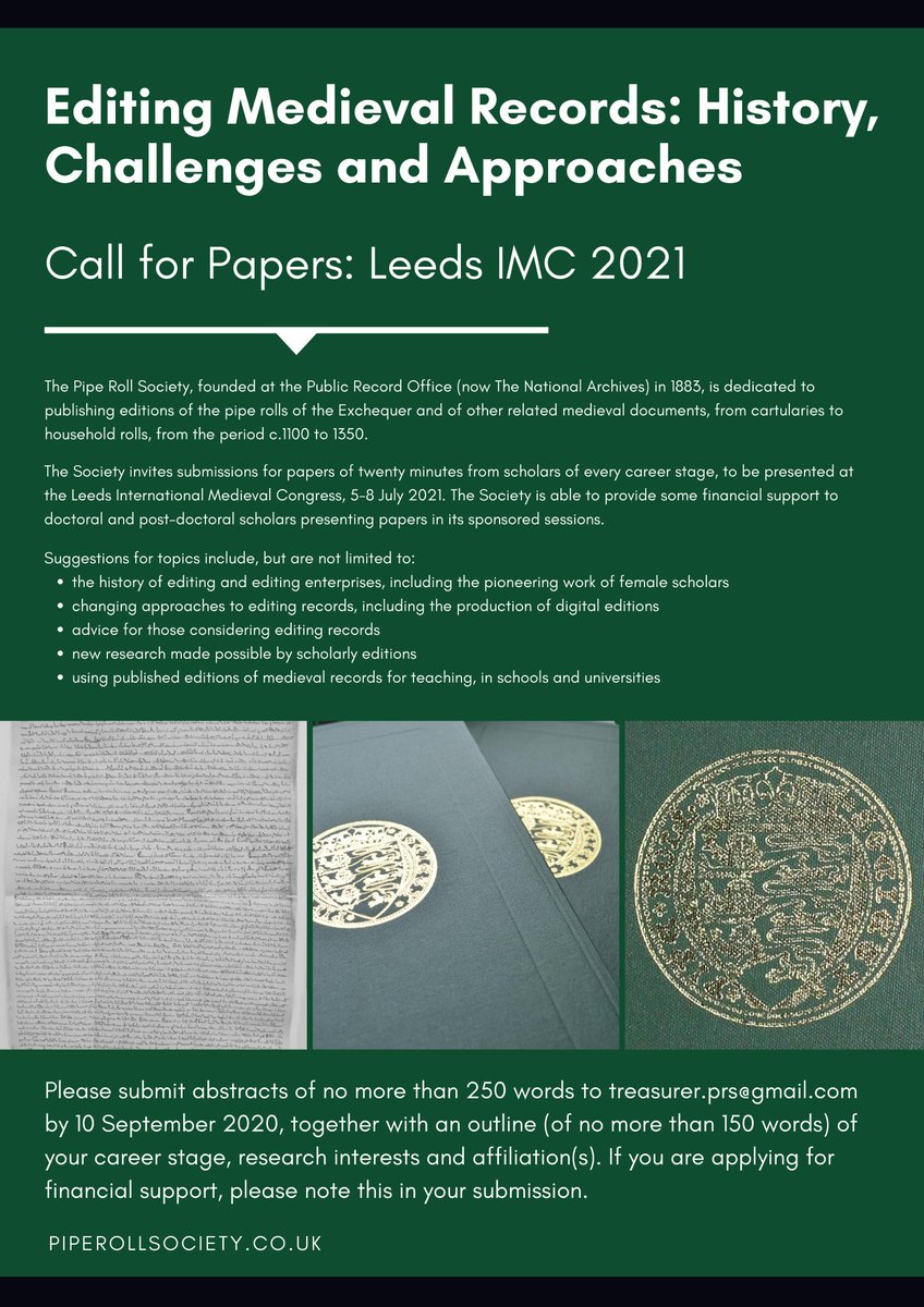 RG1253's tweet photo. Medievalists! A reminder that the Pipe Roll Society is welcoming submissions for sessions on Editing Medieval Records @IMC_Leeds from scholars of all career stages (&amp; can offer some financial support to doctoral/post-doc speakers). Deadline 10 September. https://t.co/cVevhtJC8l