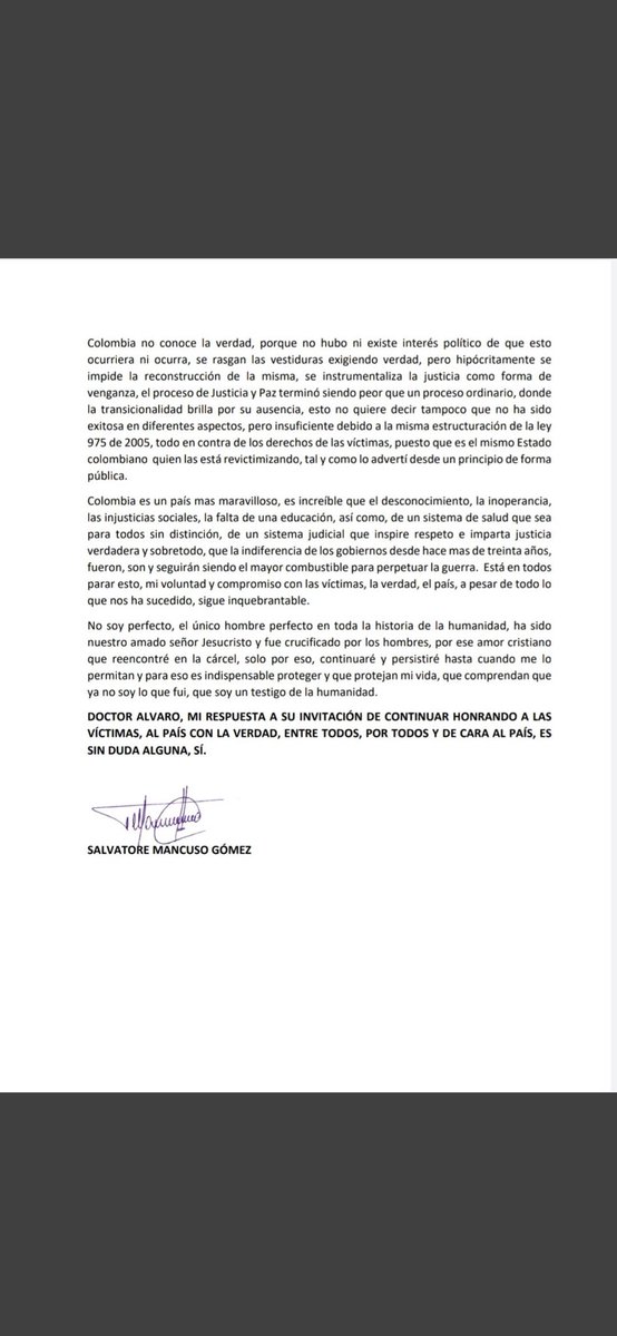 🚨 | #Atención
Carta de Salvatore Mancuso fechada 3 de septiembre de 2020 y revelada hace pocos minutos por el destinatario <a href="/AlvaroLeyva/">Álvaro Leyva Durán</a>