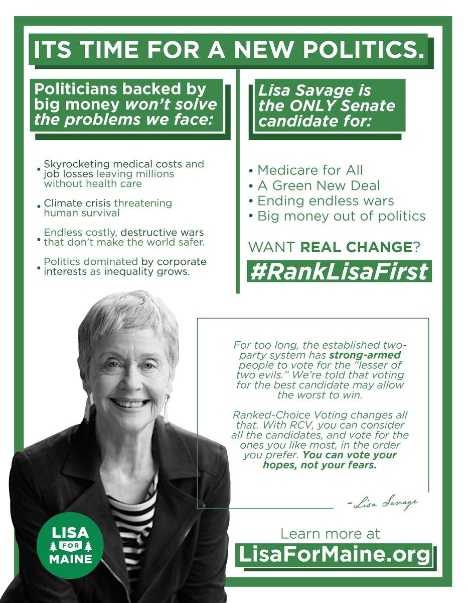 jae4Revolution's tweet photo. Check out @LisaForMaine’s independent Senate campaign: https://t.co/68sw9C95hd  

Ranked-choice-voting means you can vote on which candidate best represents you - not just based on who you think will win. If you're among the majority who want Medicare For All: #RankLisaFirst! https://t.co/pPIBop3F3D