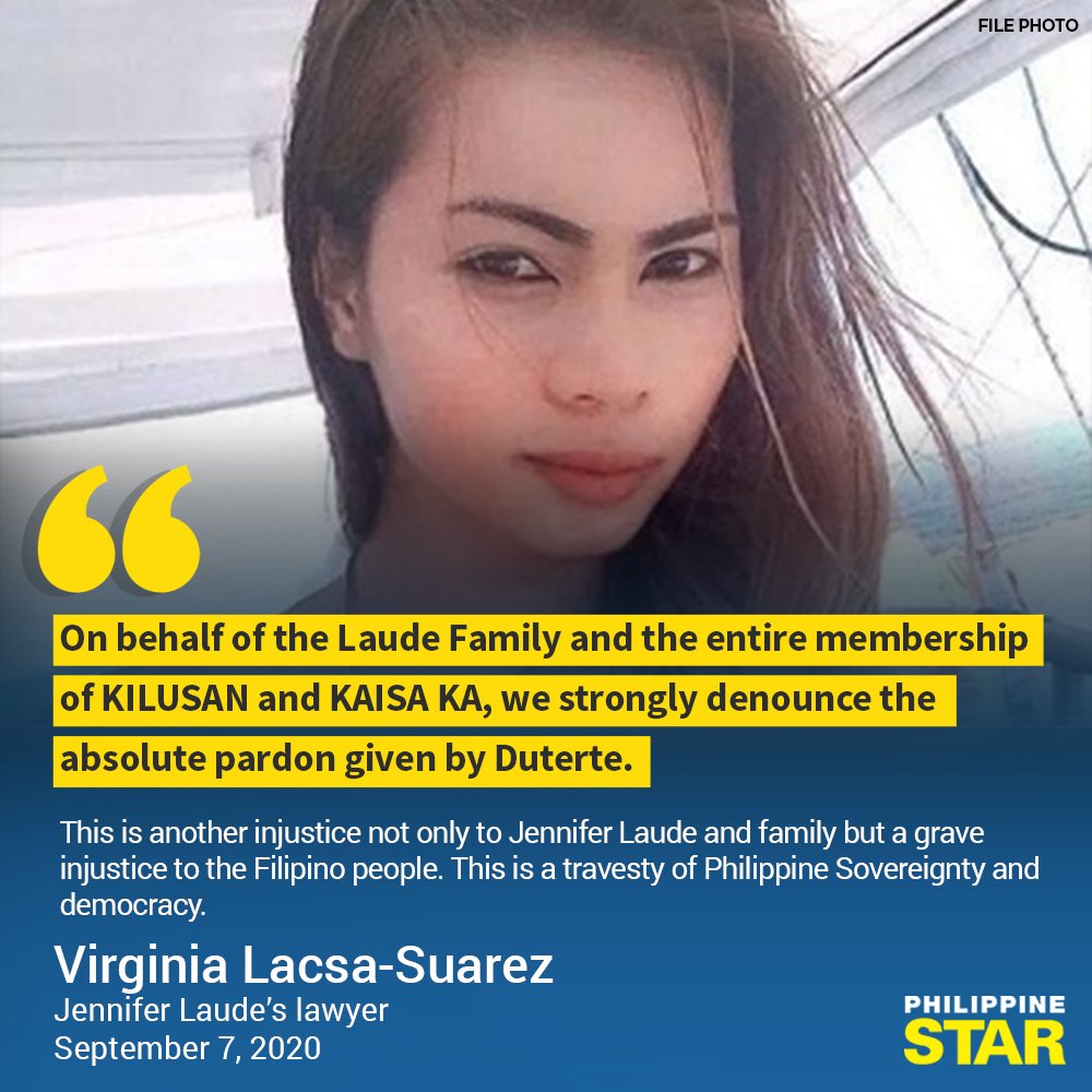 PhilippineStar's tweet photo. 'THIS IS REVOLTING!'

Atty. Virginia Lacsa-Suarez, Jennifer Laude’s lawyer, strongly denounced President Duterte's grant of absolute pardon to homicide convict US Marine Lance Corporal Joseph Scott Pemberton. https://t.co/tSz598uqg8