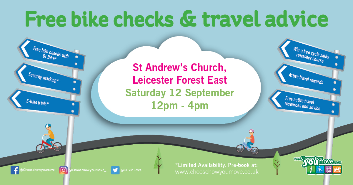 CHYMLeics's tweet photo. Our second active travel afternoon takes place on Saturday at St Andrew’s Church in Leicester Forest East. The drop-in session runs from 12-4pm, with free bike check and travel advice. For more info on this event and how you can make smart travel fun at https://t.co/TOCkiEjOYl https://t.co/aMTkhcj7Q0