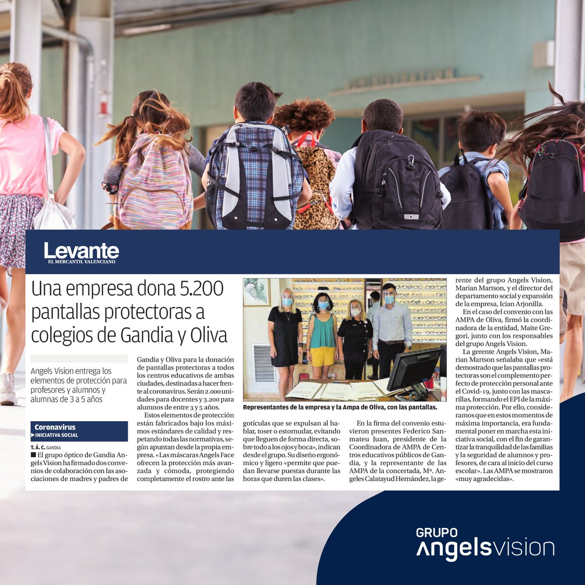 angelsvisionco's tweet photo. 💙 Haciendo la vuelta al cole un poquito más fácil... 👨🏫👧🏻😷 Porque pensamos que las empresas tenemos que estar volcadas siempre con la sociedad.
🗞 Gracias a @levante_emv, por hacerse eco de la noticia 😊🙌🏻
#AngelsOptics #EPIfacial #AngelsFace #VueltaAlCole #Protección https://t.co/xteBhpb5yg