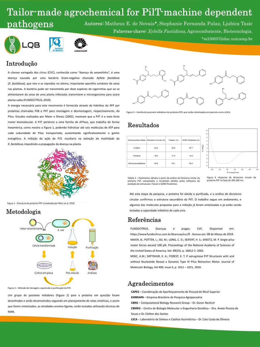 menovais's tweet photo. Hi @LatinXChem, my colleagues at @LabQuimBio, @Stefulaz, @tasic_ljubica and I have prepared this work "Tailor-made agrochemical for PilT-machine dependent pathogens". We hope you like it!! #LatinXChem #LatinXChemBio #BIO082 #XylellaFastidiosa #Agrochemical #Biotecnology #UNICAMP https://t.co/a0H1u1BJHt
