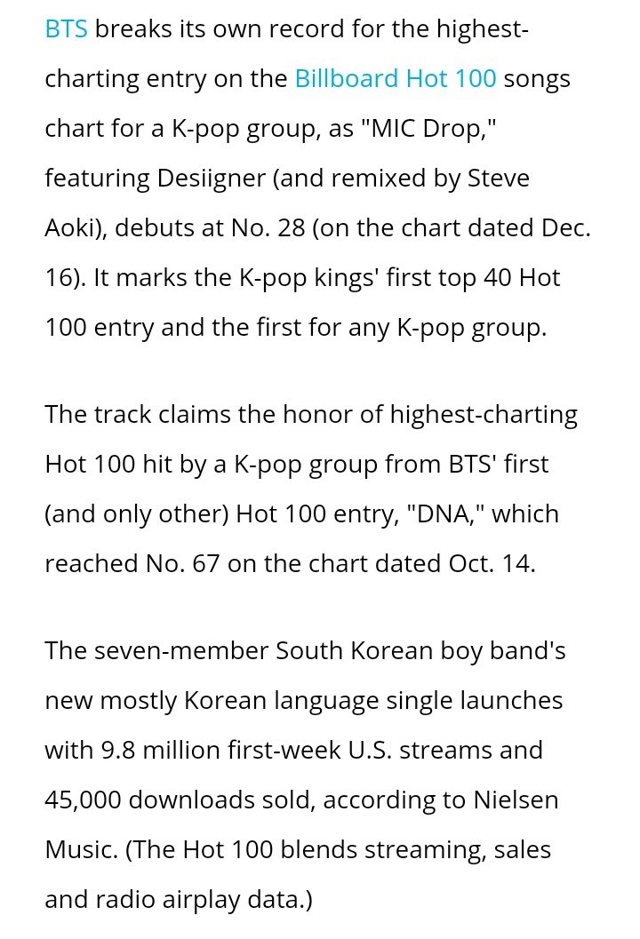 The remix of Mic Drop debuted at number 28 on the US Billboard Hot 100 becoming the first top 40 entry by a K-pop group on the chart. The single debuted at number one on the US World Digital Songs chart (6th no. 1) entered the US Digital Song Sales chart at number four.