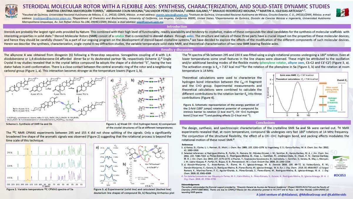 MarthaMayorqu1n's tweet photo. Hi @LatinXChem, this is my work “STEROIDAL MOLECULAR ROTOR WITH A FLEXIBLE AXIS: SYNTHESIS, CHARACTERIZATION, AND SOLID-STATE DYNAMIC STUDIES”, #LatinXChem #LatinXChemOrg #OC053, which was developed at the @LabSteroids´s  lab, in collaboration with @AGalanoJ and @MolinaGroup. https://t.co/v1p027kEcY