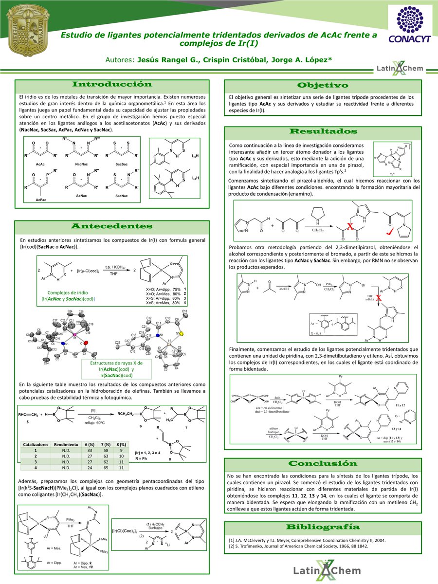 JesusRangelG1's tweet photo. Hi @LatinXChem, I'm Jesus Rangel, PhD student at Guanajuato University. this is my work “Estudio de ligantes potencialmente tridentados derivados de AcAc frente a complejos de Ir(I)”, #LatinXChem #LatinXChemInorg #Inorg071 https://t.co/1mkB419d8k