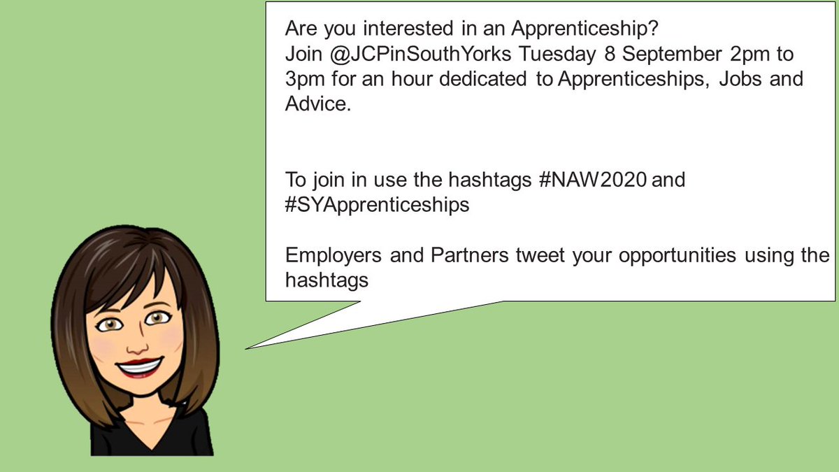 JCPinSouthYorks's tweet photo. Are you interested in an #Apprenticeship? Join 
@JCPinSouthYorks
 Tuesday 8 September 2pm to 3pm for an hour dedicated to Apprenticeships, Jobs and #Advice.

To join in use the hashtags #NAW2020 and #SYApprenticeships https://t.co/PSdaE3Udsl