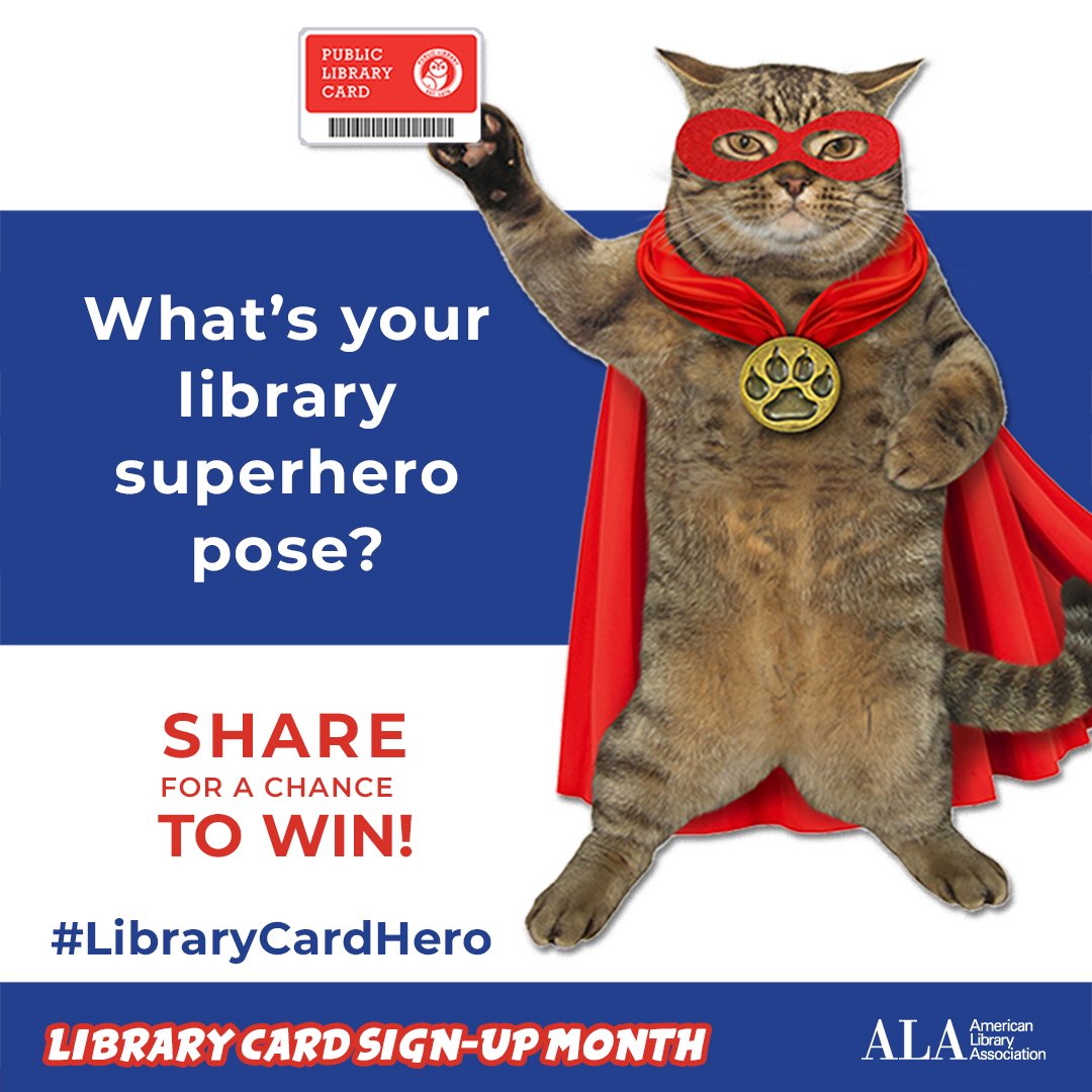 Having a library card makes you feel like a superhero! This Library Card Sign-Up Month, strike your best superhero pose w/ your library card and post on Twitter or Instagram with #LibraryCardHero to enter to win a $100 Visa gift card. Promotion ends Sept. 22 at 1pm EST.