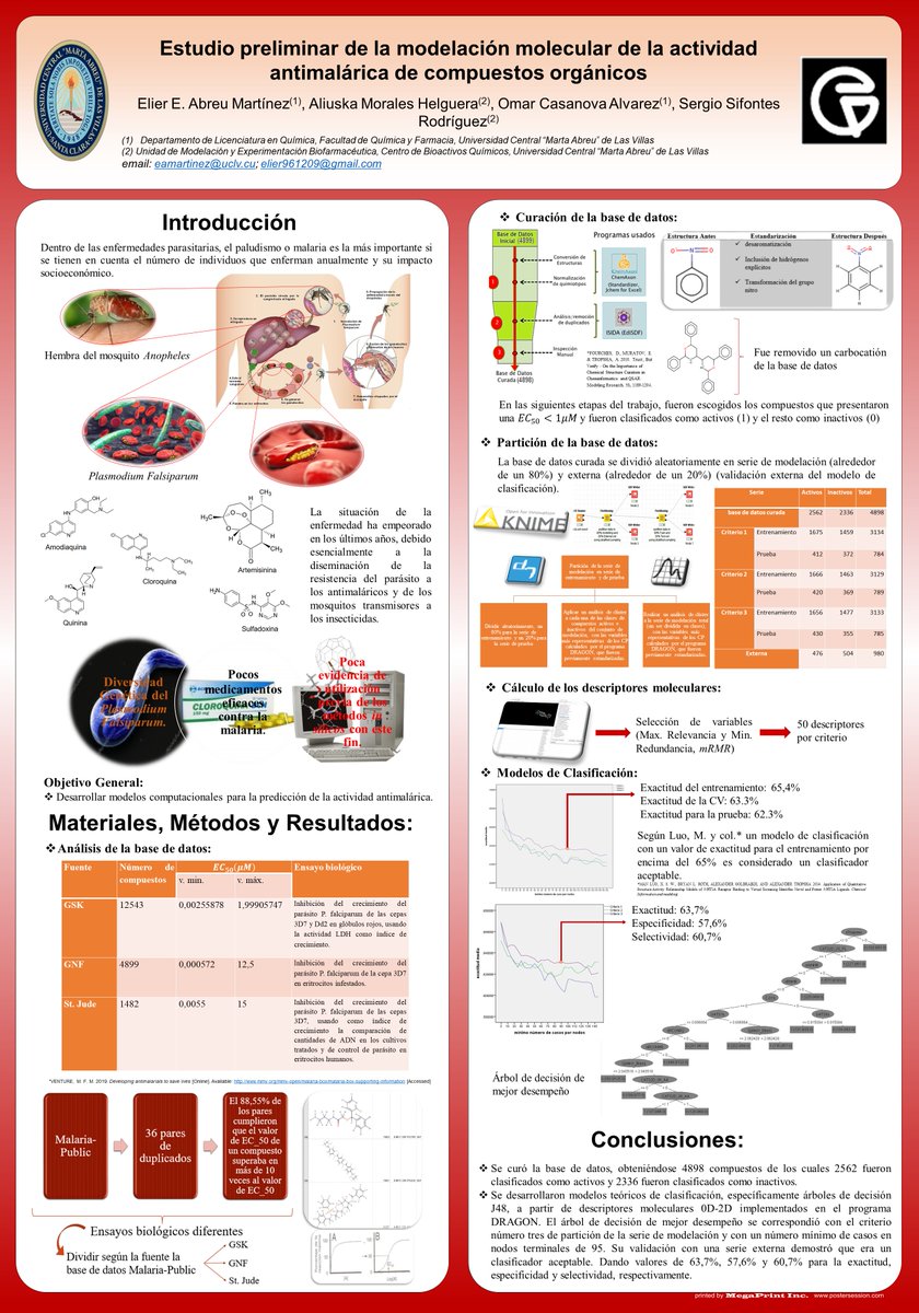 ElierE13's tweet photo. Hi @LatinXChem. In this work a preliminary study of the molecular modeling of antimalarial activity is carried out, obtaining classifiers based on decision trees. #LatinXChem #LatinXChemTheo #Theo087 https://t.co/tsueNUYZCA