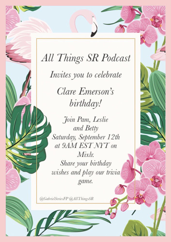 🎉 Join Leslie, Pam and me (Betty) #Saturday, #September12th at 9AM EST NYT. We’re celebrating Clare’s birthday. Share your birthday wishes and play the trivia game with us. See you there.
🕘🎉🍾🥂🎂👧🏻
mixlr.com/allthingssr/