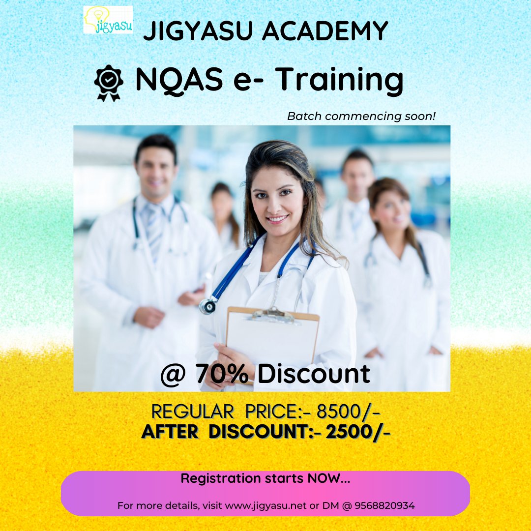 AcademyJigyasu's tweet photo. Jigyasu Academy brings NQAS virtual training to your doorstep at 70% discount!
#neverlikebefore
Limited Intake.
DM @ 9568820934 to know more!!
@navneetbali68 @tarunsodha @doctorsumitseth @doc_pune https://t.co/tmfZpr4AHh