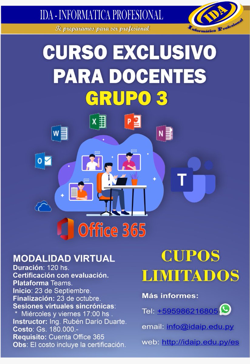 Para ver el programa completo visita nuestra páginav idaip.edu.py/es/?p=74
Para inscribirte o solicitar más informaciones escríbenos al WhatsApp wa.link/nx8419