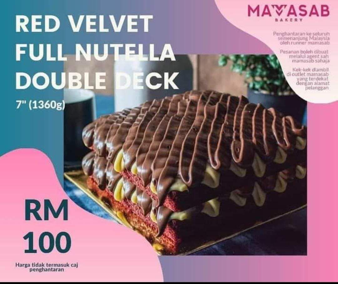 1. Red Velvet Standard RM402. Red Velvet Full Nutella RM503. Red Velvet Standard Double-Deck RM804. Red Velvet Full Nutella Double-Deck RM100 #mamasab