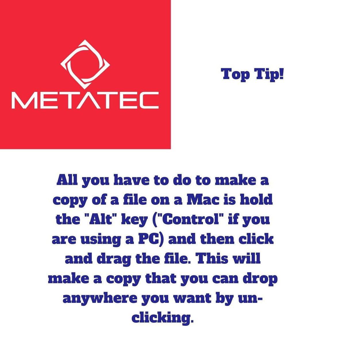 MetatecEvo's tweet photo. Todayβs top tip is how to make a copy of a file by just dragging it. Youβre welcome!
#itservices #itconsulting #itexperts #ittoptips #toptip #handyhints #computerknowhow #supportsmallbusiness #supportlocal #familybusiness #entrepreneur #herefordhour https://t.co/tyGejoZ4dc