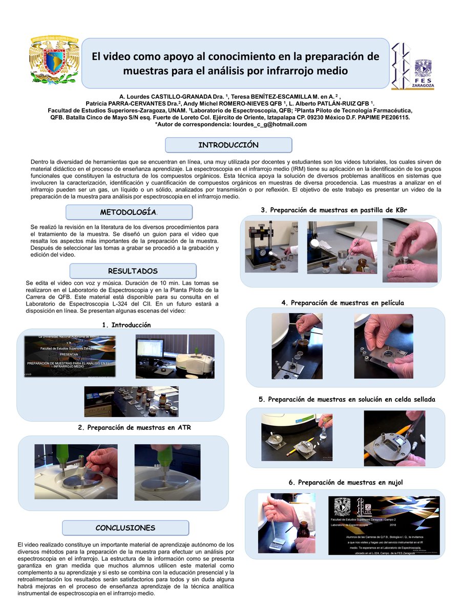 Lourdes44442737's tweet photo. Hola @LatinXChem este es mi trabajo "EL VIDEO COMO APOYO AL CONOCIMIENTO EN LA PREPARACIÓN DE MUESTRAS PARA EL ANÁLISIS POR INFRARROJO MEDIO" #LatinXChem #LatinXChemAnalytical #AC59 https://t.co/8kNzONZbT5